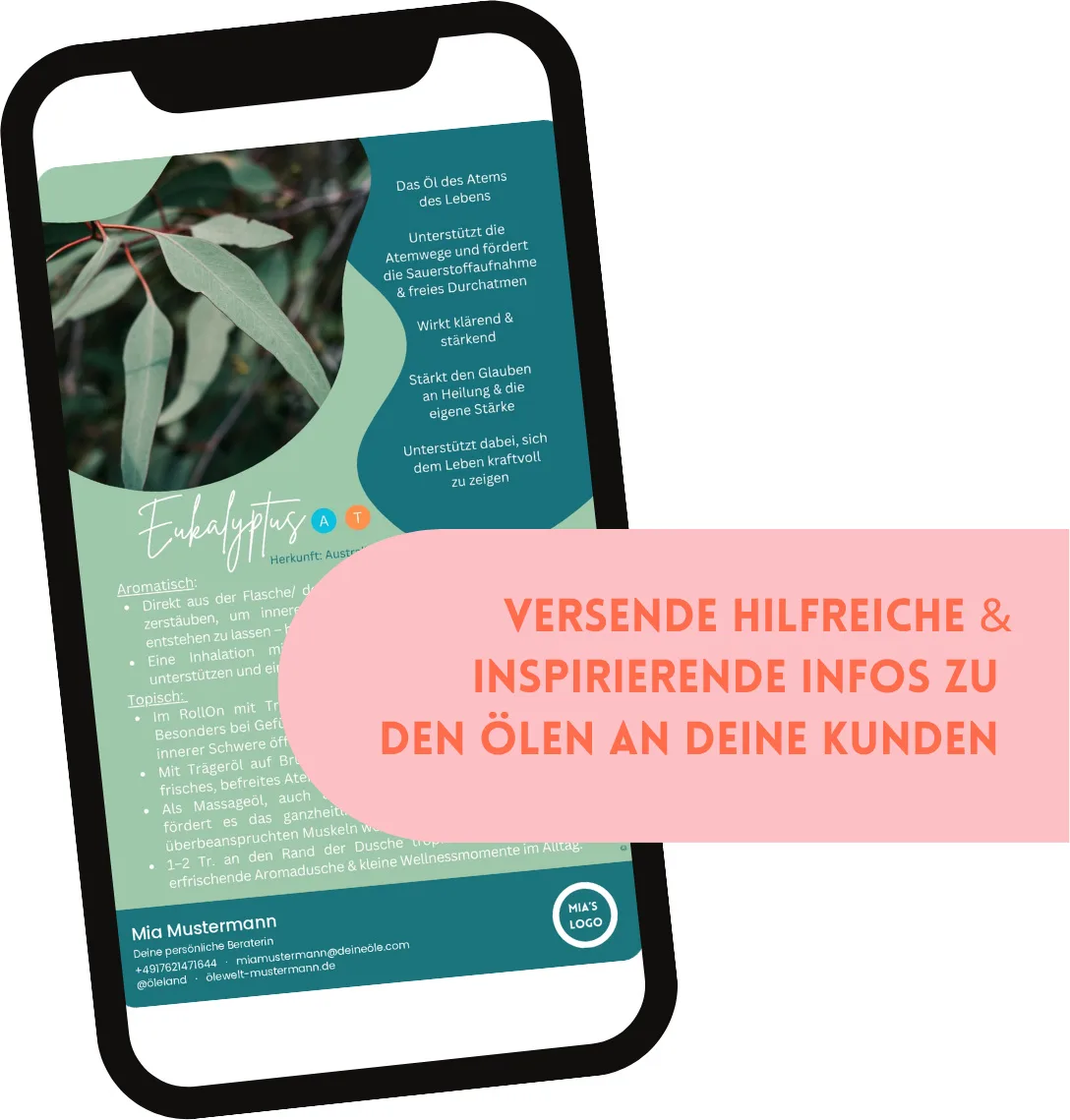 Infokarte Eukalyptus auf Smartphone mit Anwendungstipps und Kontaktdaten