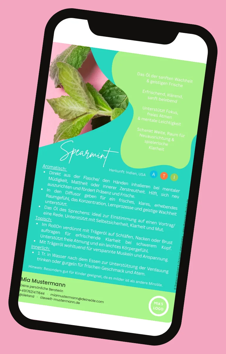 Infokarte Spearmint auf Smartphone in Türkis mit Anwendungstipps und Kontaktdaten