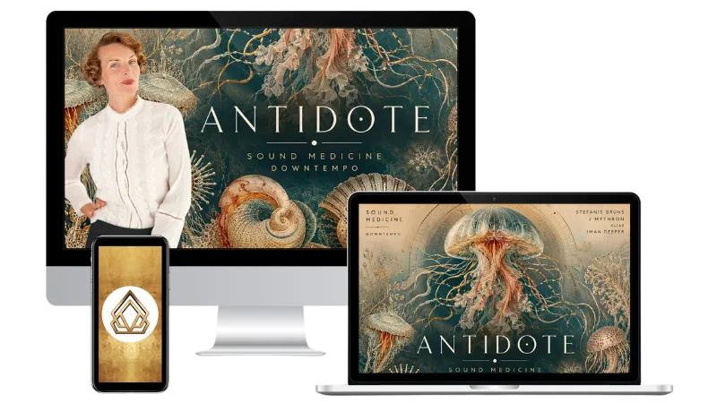 Magic Energy Grid Bundle – Druckvorlagen für Energiearbeit 4 Mockup Antidote Downtempo Sound Medicine Album auf Desktop-, Tablet- und Smartphone-Bildschirmen