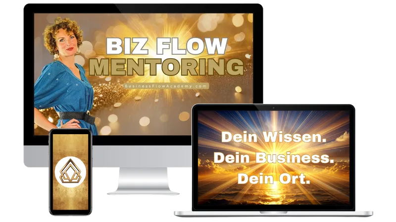 Magic Energy Grid Bundle – Druckvorlagen für Energiearbeit 1 Mockup Biz Flow Mentoring mit Frau auf Desktop-, Tablet- und Smartphone-Bildschirmen