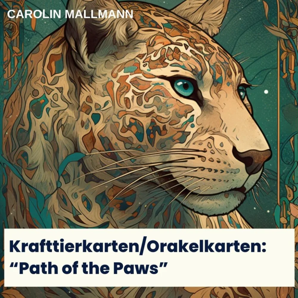 Illustrierter Lynx-Kopf mit türkisen Augen und floralen Mustern, Text 'CAROLIN MALLMANN' und 'Krafttierkarten/Orakelkarten: P