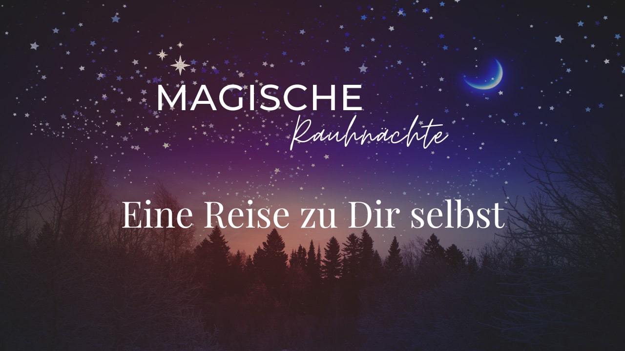 Magische Rauhnächte – Yoga- und Meditationskurs von Yoga mit Martina 2 Hero-Banner für Magische Rauhnächte Onlinekurs mit nächtlichem Sternenhimmel, Mond und Wald