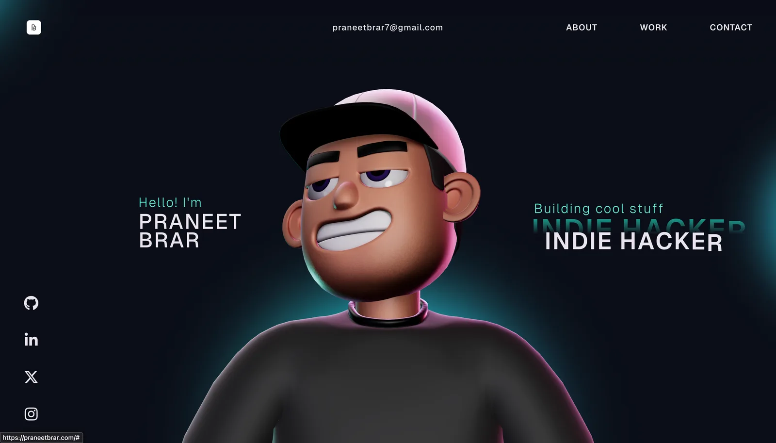 Praneet Brar Indie Hacker & Full Stack Developer Portfolio-Startseite mit 3D-Charakter-Avatar
