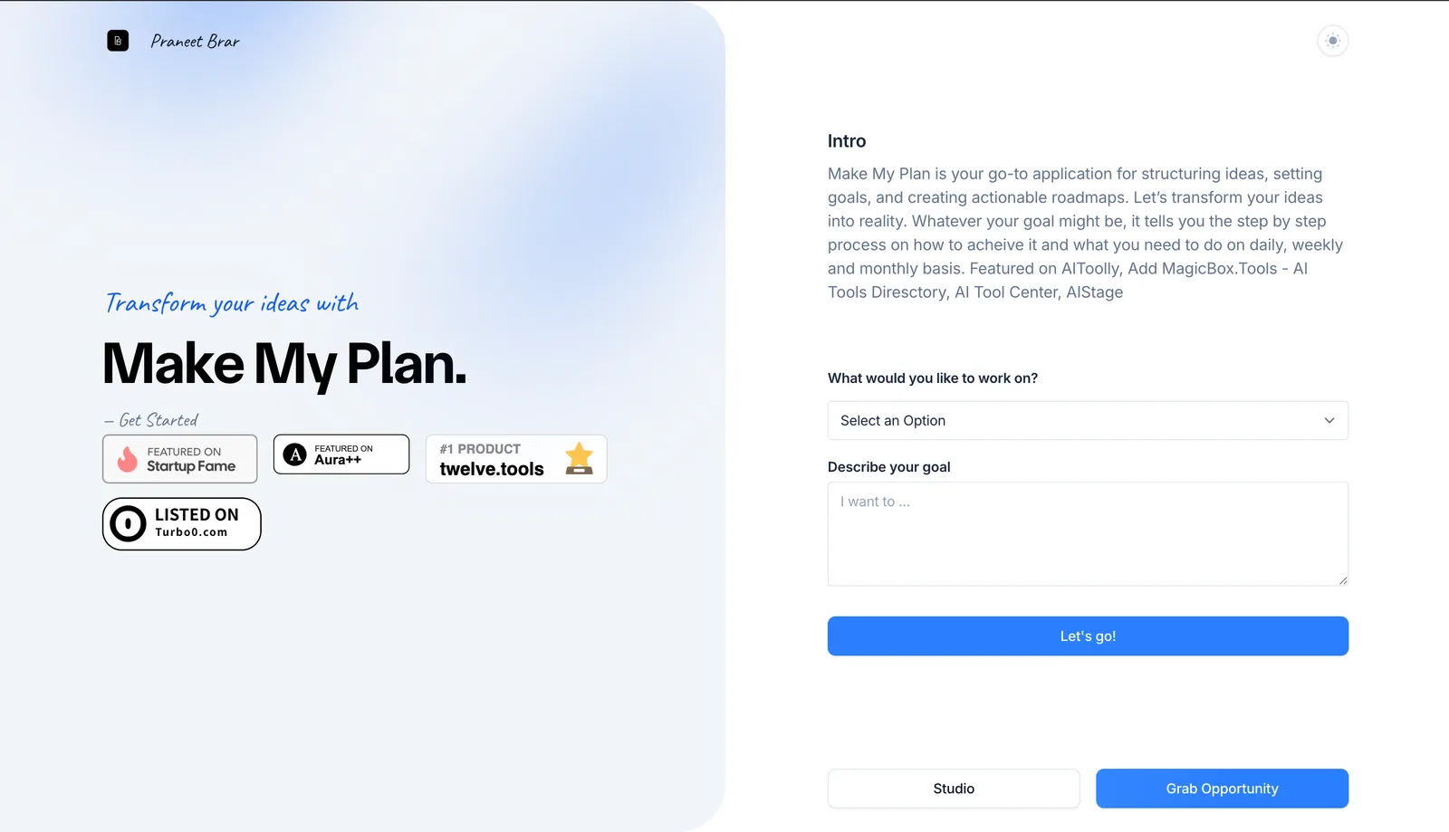 Make My Plan Produktseite mit Einführung und AI Goal Planner Interface