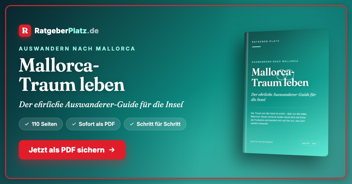 Hero-Banner Mallorca-Traum leben mit RatgeberPlatz-Logo, Buch-Cover und CTA-Button