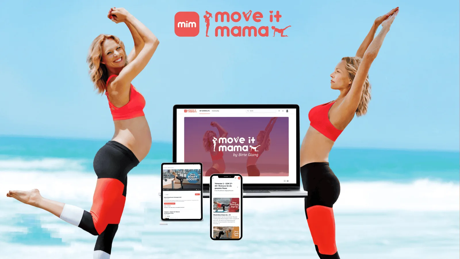 Zwei Frauen am Strand in rotem Sportoutfit springend, Laptops und Smartphones mit move it mama Logo, Mockup
