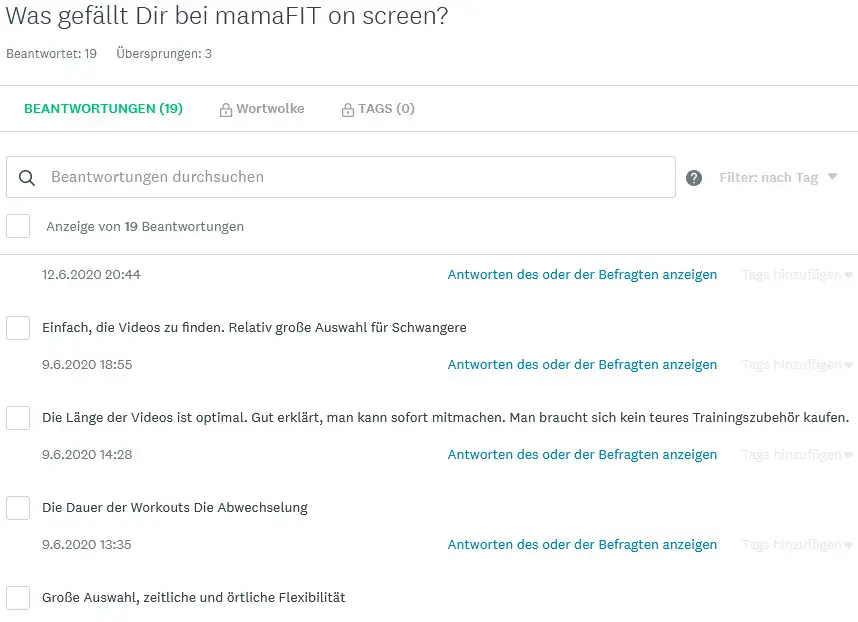 Screenshot einer Umfrage mit 19 Bewertungen zu mamaFIT on screen mit Nutzerfeedback