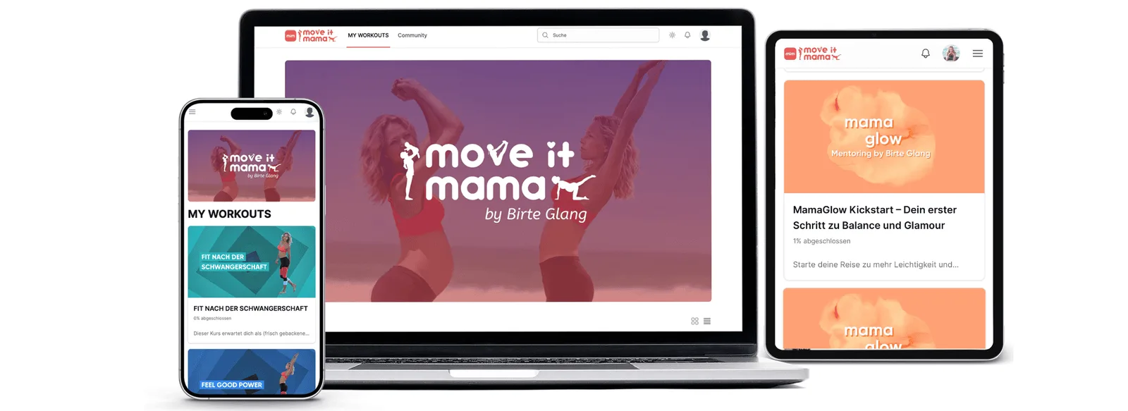 Move it Mama App auf Smartphone, Tablet und Laptop mit Workout-Videos und Kursen