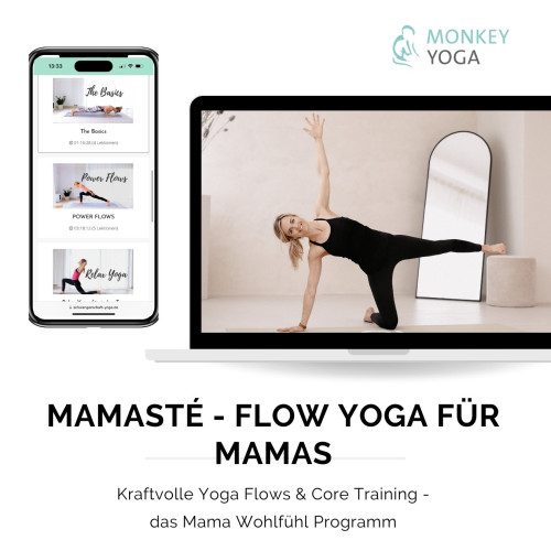 Mockup mit Smartphone und Laptop zeigt Mamasté Flow Yoga Onlinekurs Interface mit Yoga-Posen