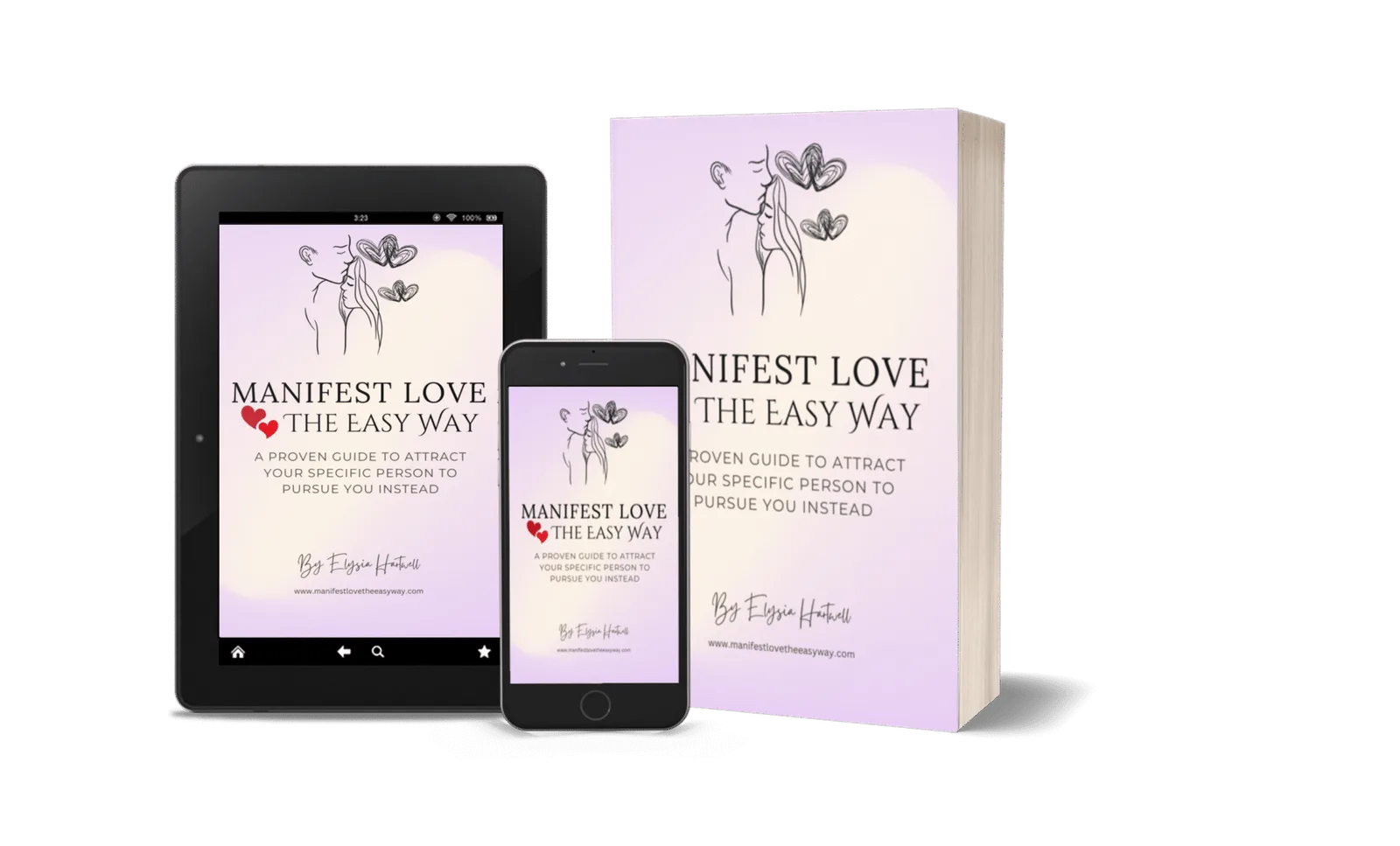 Produktdarstellung auf Tablet, Smartphone und Hardcover: Manifest Love The Easy Way mit Pflanzen- und Herz-Design auf Rosa-Cr