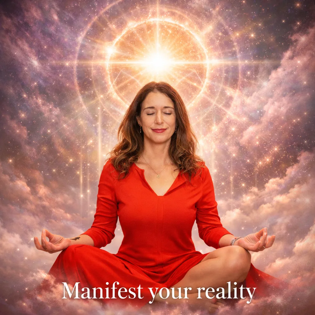 Frau in rotem Kleid meditiert vor leuchtendem goldenen Mandala und Sternenhimmel, Manifest your reality