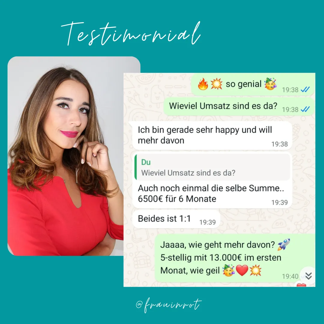 Frau in rotem Oberteil mit braunen Haaren, WhatsApp-Nachrichtenverlauf über Umsatz und Kurs, Testimonial @frauinrot
