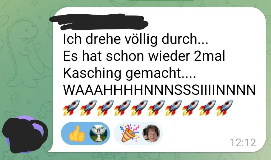 WhatsApp-Nachricht vergrößert mit Text über wiederholtes Kasching und Raketen-Emojis