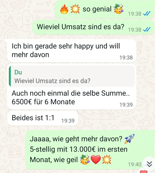 WhatsApp-Gesprächsverlauf mit Fragen zu Umsatzzahlen und Einkommensergebnissen aus Kurs