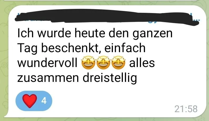 WhatsApp-Nachricht mit Erfolgsmitteilung über geschenkten Tag und Dankbarkeit