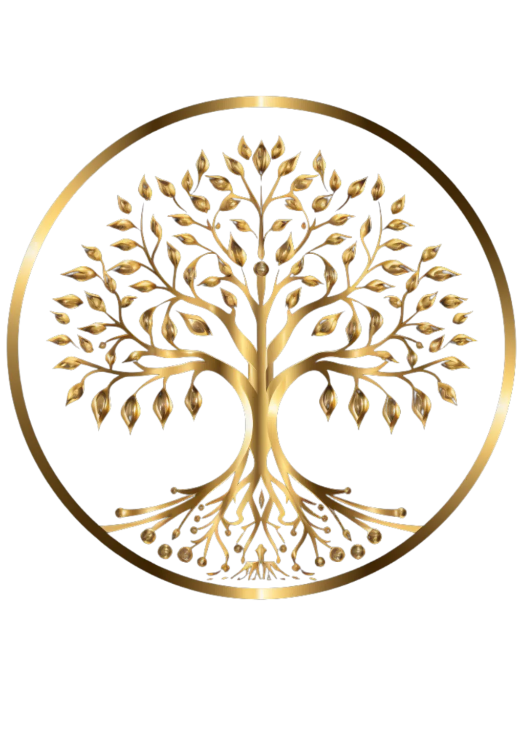 Manifestation Master – Videokurs zur Wunscherfüllung 5 Goldener Baum mit Blättern und Wurzeln in Kreis auf weißem Hintergrund