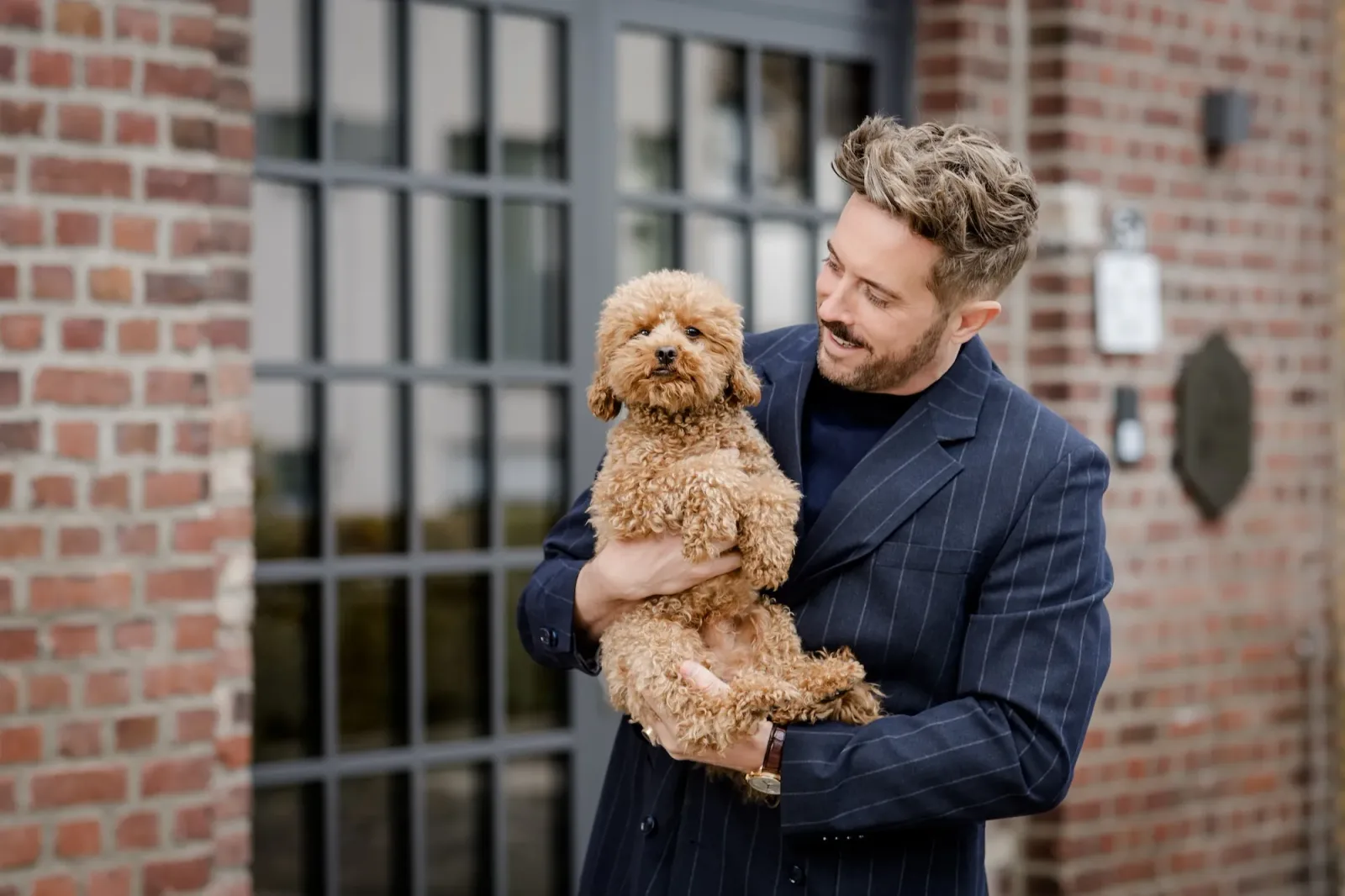 Marketing MasterClass – Videokurs zu Positionierung und Marke 3 Felix Thönnessen in dunklem Anzug hält goldenen Hund vor Backsteinwand