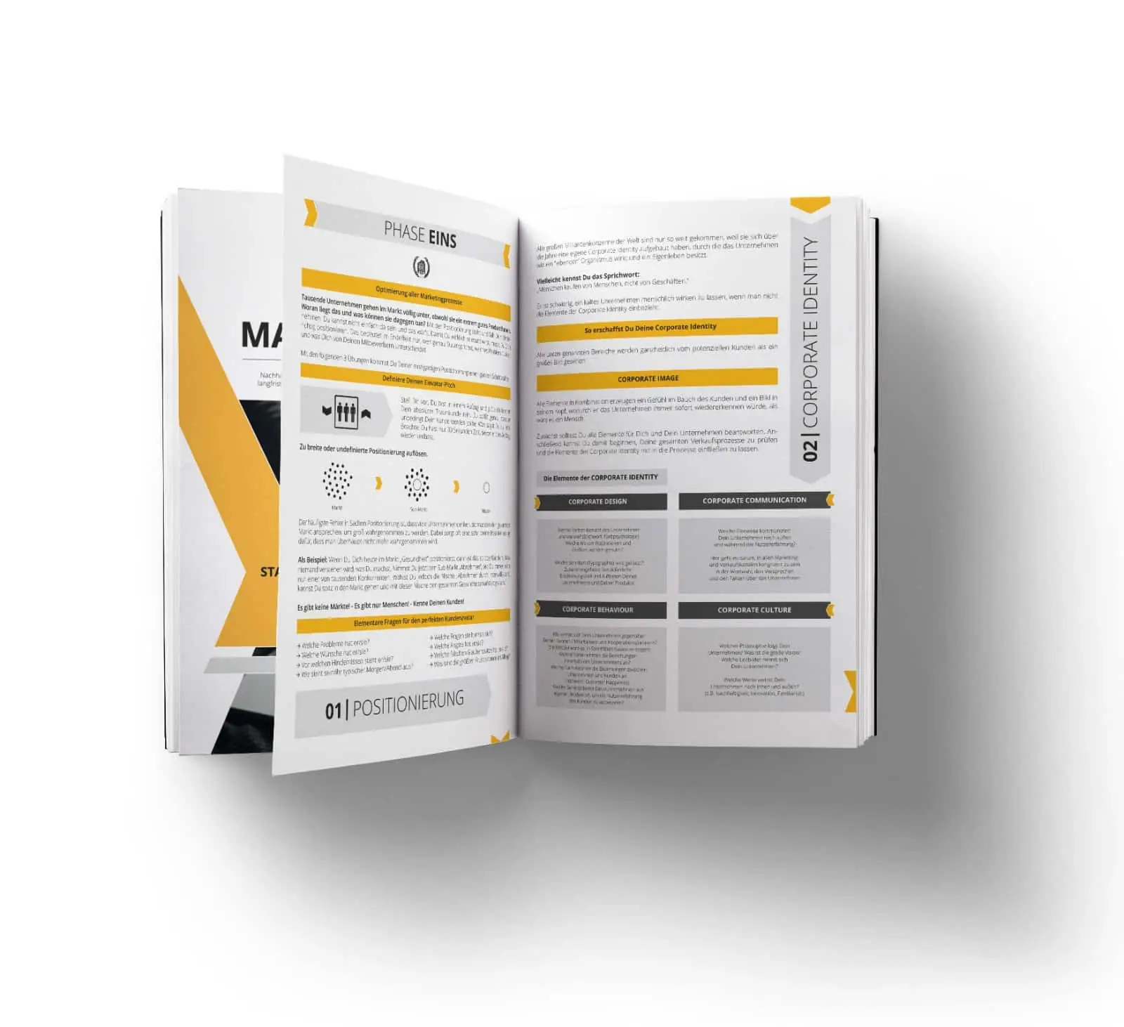 Offenes Marketingplan E-Book mit Phase Eins, Corporate Identity und Positionierungsseite