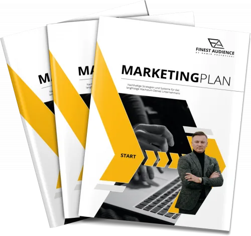 Gestapeltes Marketingplan E-Book Mockup mit gelbem Design und Autor-Foto