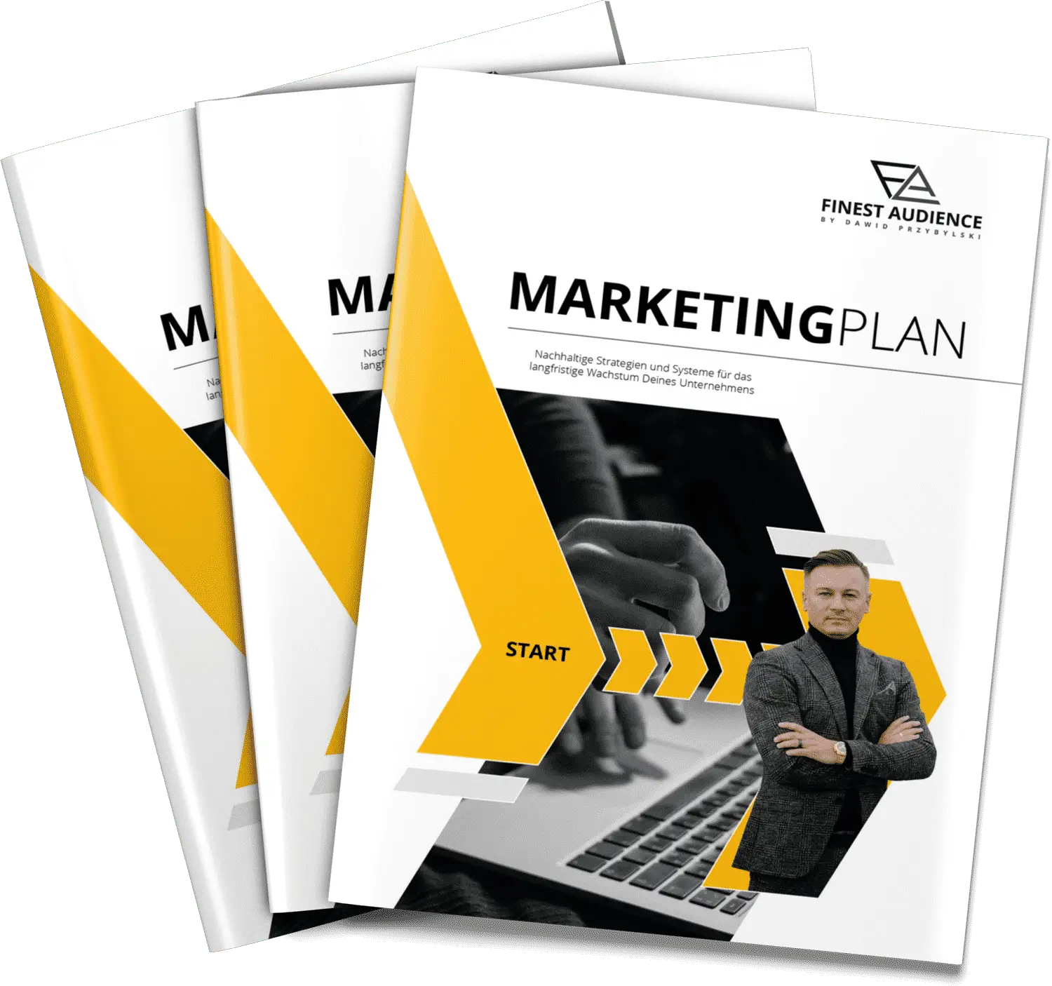 Marketingplan 2022 Buch-Mockup von Finest Audience mit gelbem Design und Porträt von Dawid Przybylski