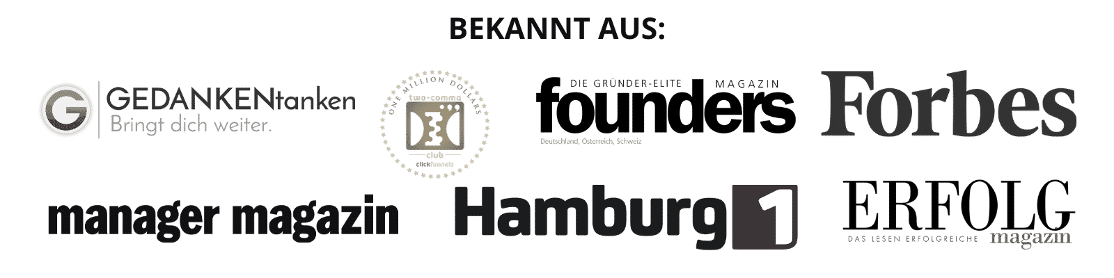 Logo-Banner mit Unternehmenslogos: GEDANKENtanken, Million Dollar Club, Founders Magazine, Forbes, manager magazin, Hamburg.d