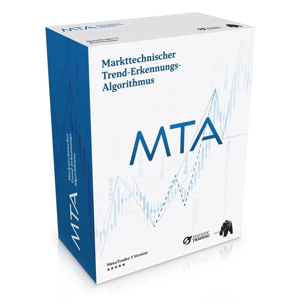 Produktbox: Markttechnischer Trend-Erkennungs-Algorithmus (MTA) für MetaTrader 5, weiß-blaues Design mit Chartgrafik