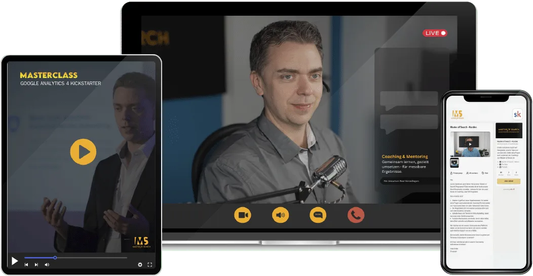 Master of Search Coaching: Multi-Device-Mockups mit Live-Berater auf Bildschirm, Tablet und Smartphone