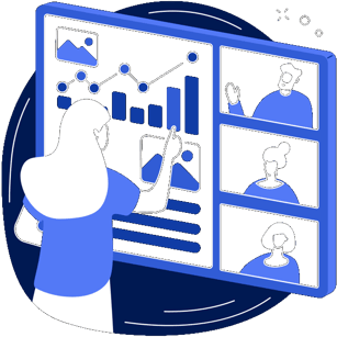 Illustration: Person vor Bildschirm mit Marketing-Diagrammen, Balkendiagrammen und Auswertungen