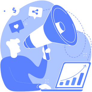 Illustration: Person mit Megafon vor Laptop, Diagramm und Marketing-Symbolen