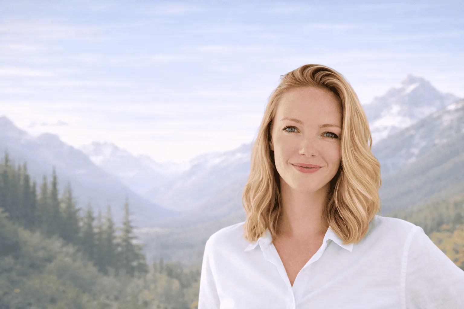 Masterclass – Coach-Weiterbildung im Abo von Anna Schaub 3 Frau mit blondem Haar im weißen Hemd vor Berglandschaft mit Wald