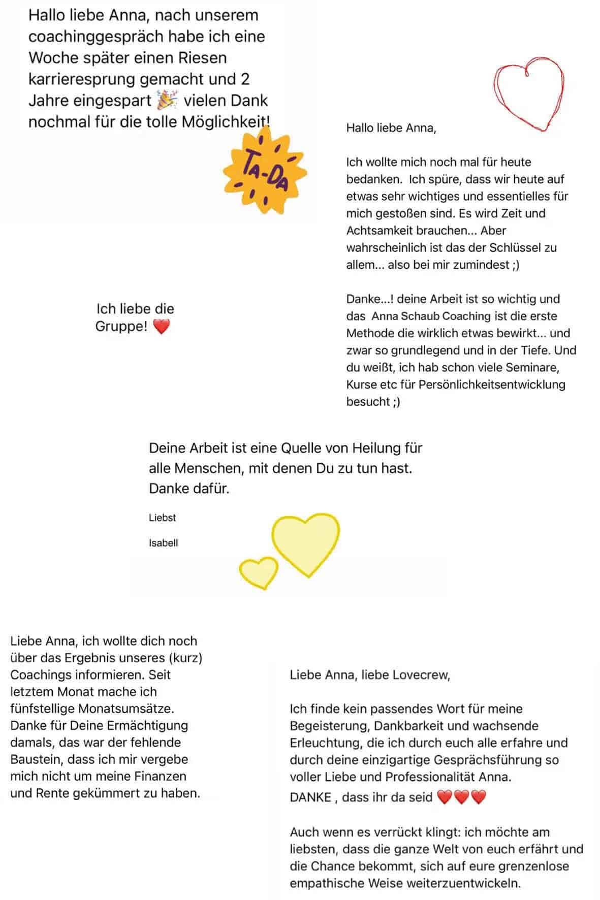 Masterclass – Coach-Weiterbildung im Abo von Anna Schaub 7 Kundenstimmen-Sammlung mit herzlichen Dankschreiben und Emojis von Coaching-Teilnehmern