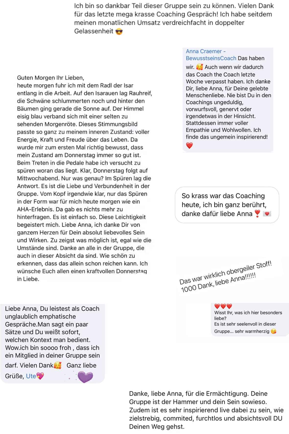 Mehrseitige Kundenreferenzen mit persönlichen Dankesworten und emotionalen Feedbacks zum Coaching