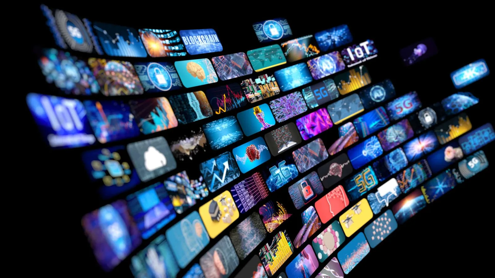 Digitale Medienwall mit vielen bunten Tech- und Daten-Icons auf schwarzem Hintergrund