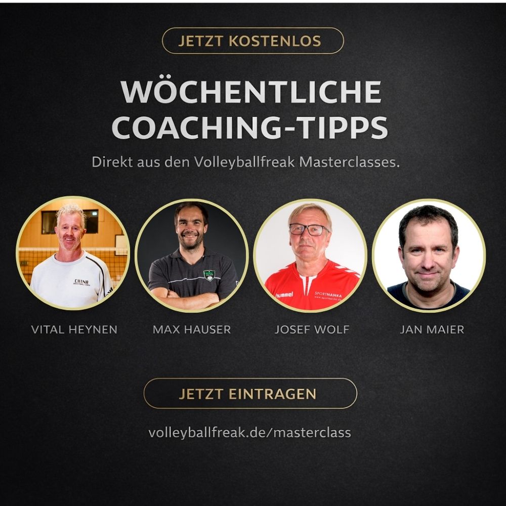 Werbegrafik Wöchentliche Coaching-Tipps mit vier Trainer-Portraits und Gold-Rahmen