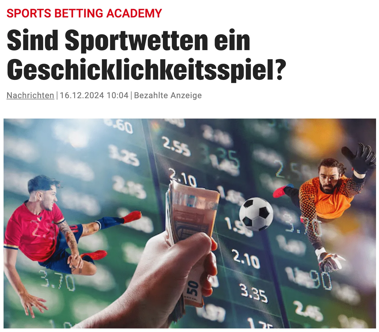 Collage mit Fußballspielern, Wettquoten auf Smartphone-Display und Geldschein, abstrakte Wettszene