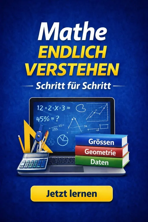 Hero-Banner Mathematik Endlich Verstehen mit Laptop, Taschenrechner, Stiften und farbigen Büchern zu Grössen, Geometrie und D
