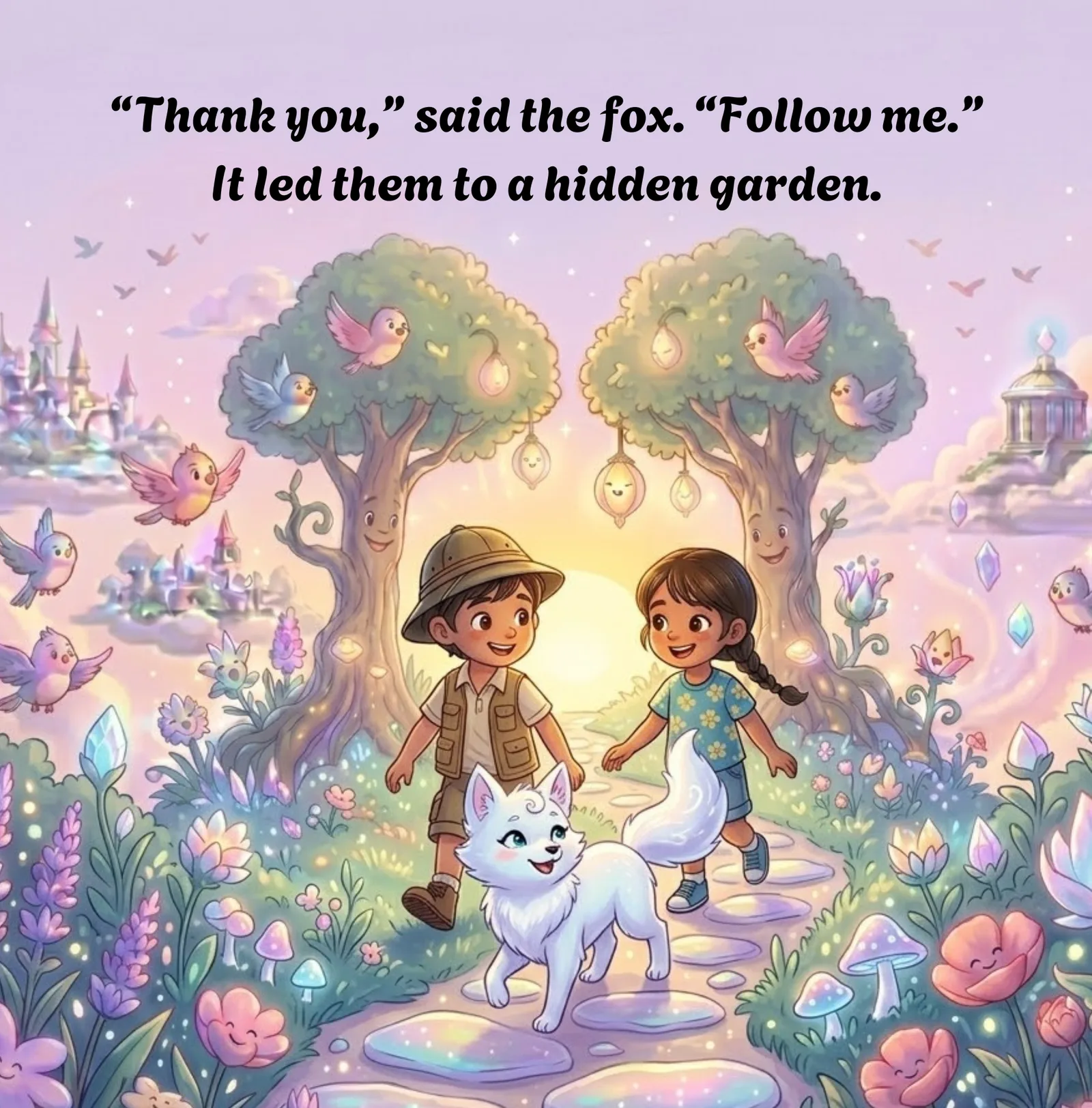Max & Mia – Gute-Nacht-E-Book für Kinder 17 Illustrierte Szene: Max und Mia in magischem Garten mit glühenden Bäumen, Fabelvögeln und leuchtenden Pflanzen, weißer Fuchs