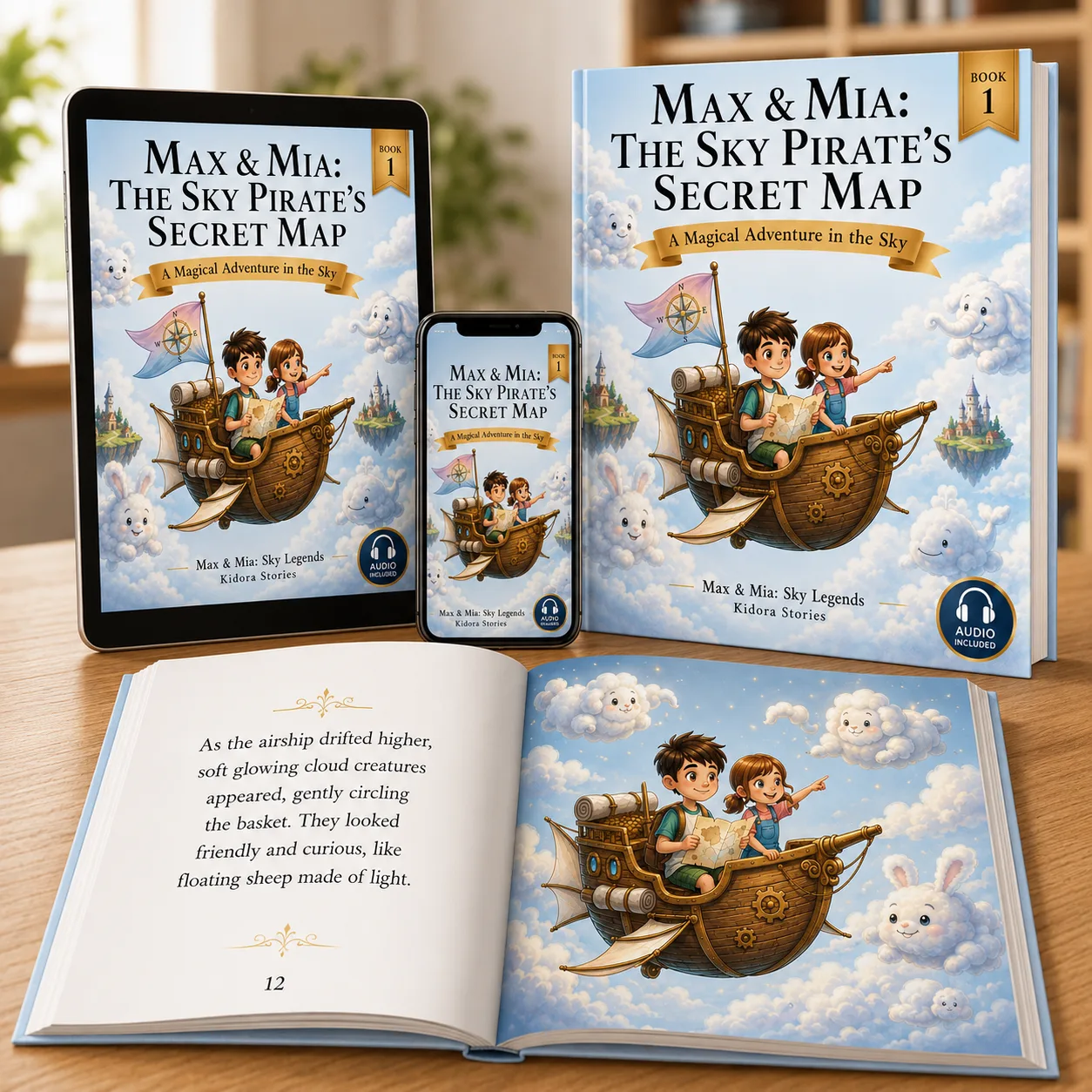 Max & Mia – Gute-Nacht-E-Book für Kinder 18 The Sky Pirate's Secret Map Buchcover und Mockup: Tablet, Smartphone und geöffnetes Buch zeigen Max und Mia in Flugschiff mit