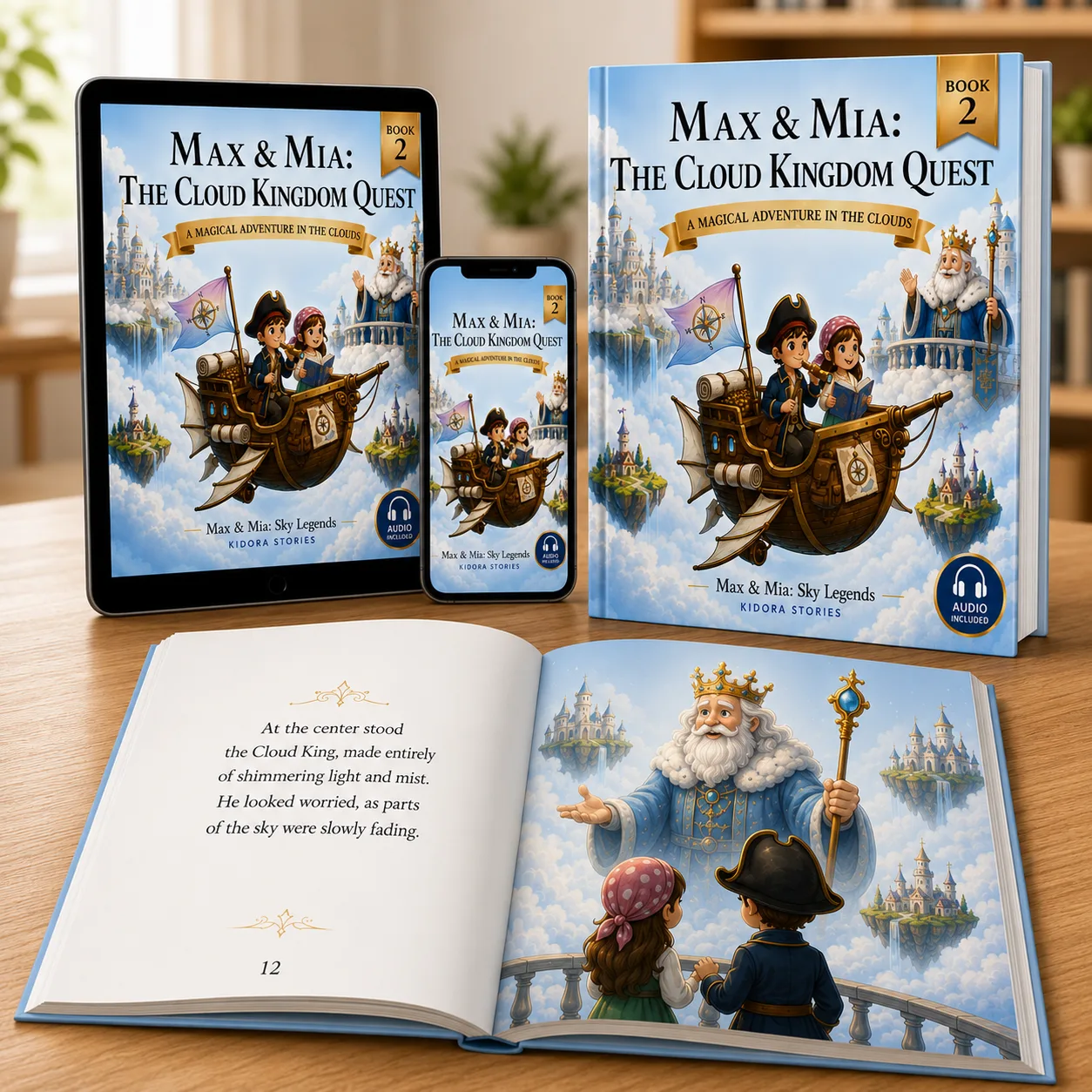 Max & Mia – Gute-Nacht-E-Book für Kinder 19 The Cloud Kingdom Quest Buchcover und Mockup: Tablet, Smartphone und geöffnetes Buch zeigen Max und Mia vor Cloud-König in Hi