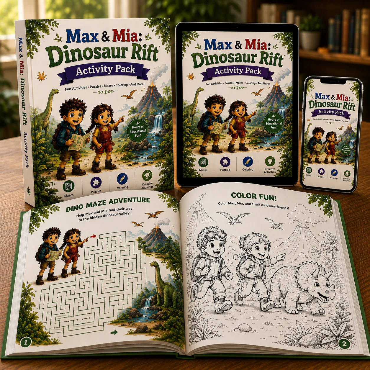 Max & Mia – Gute-Nacht-E-Book für Kinder 25 Max & Mia Dinosaur Rift Activity Pack mit Buchcover, Tablet, Smartphone und offener Activity-Seite mit Maze und Coloring