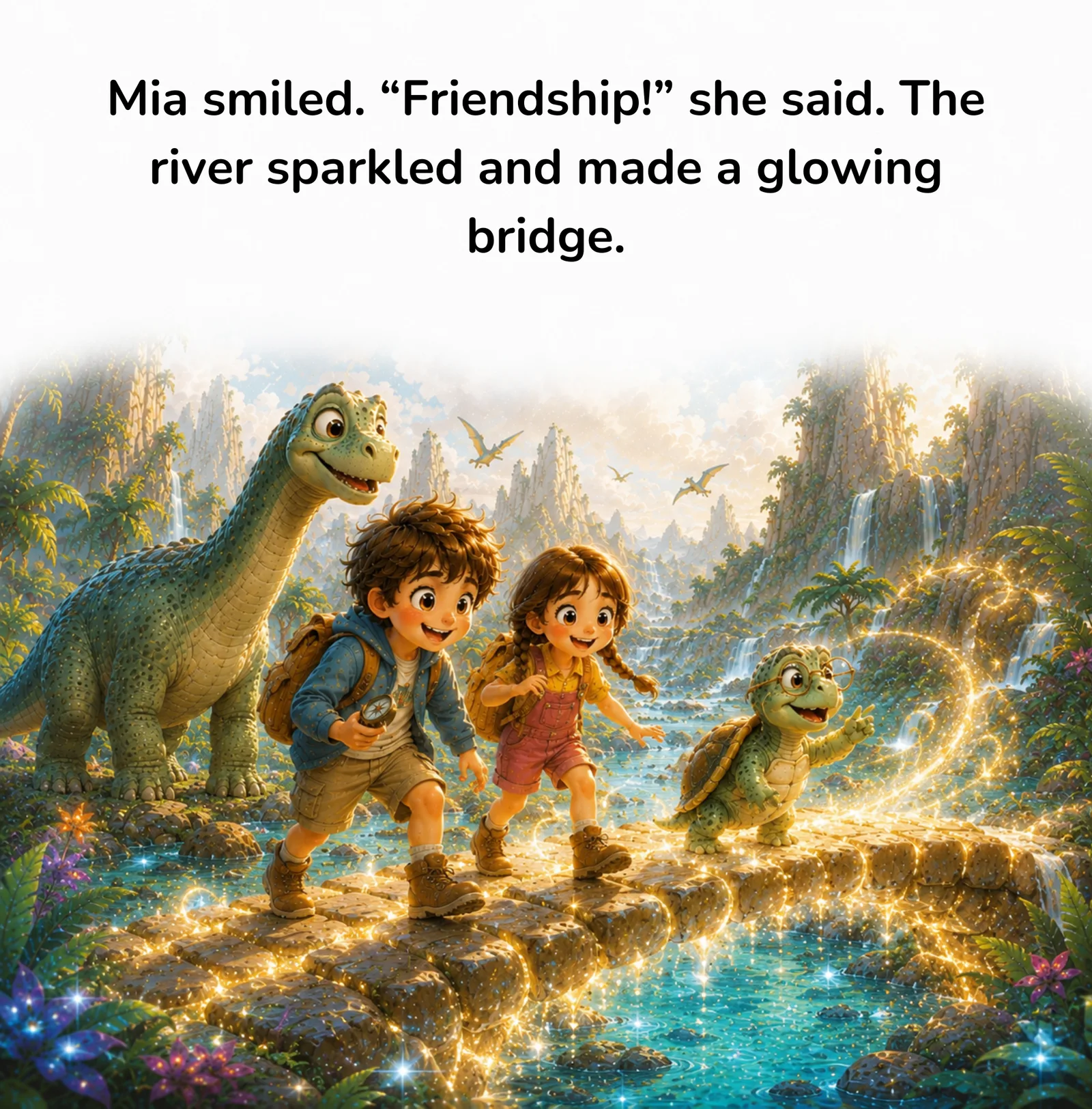 Max & Mia – Gute-Nacht-E-Book für Kinder 7 Max und Mia mit zwei Dinosauriern an leuchtender Brücke über Fluss, glühende Fantasy-Szene
