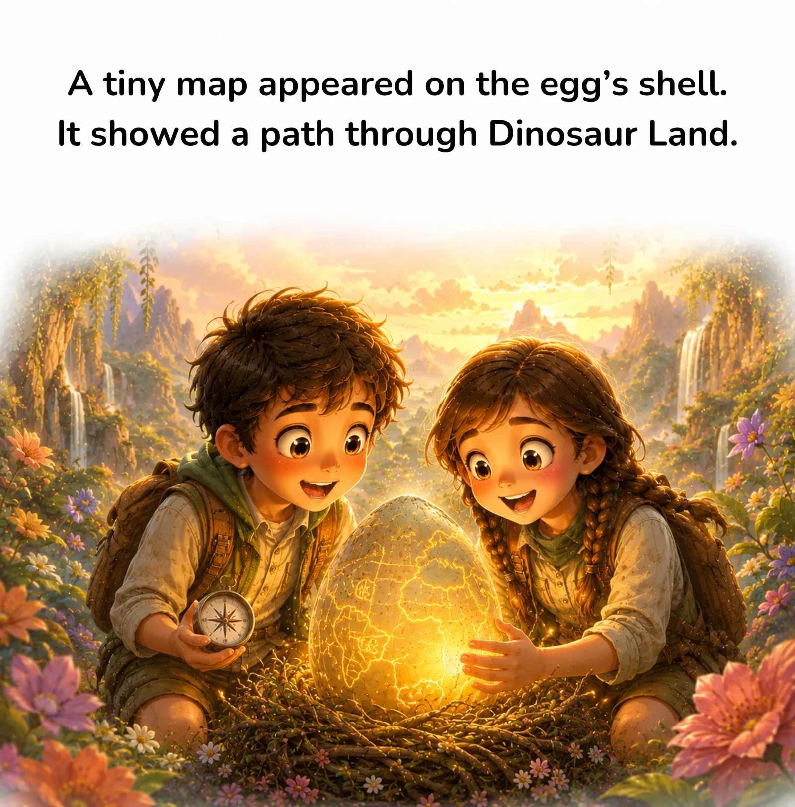 Max & Mia – Gute-Nacht-E-Book für Kinder 8 Max und Mia halten leuchtend glowendes magisches Dinosaurier-Ei in fantasievoller Landschaft
