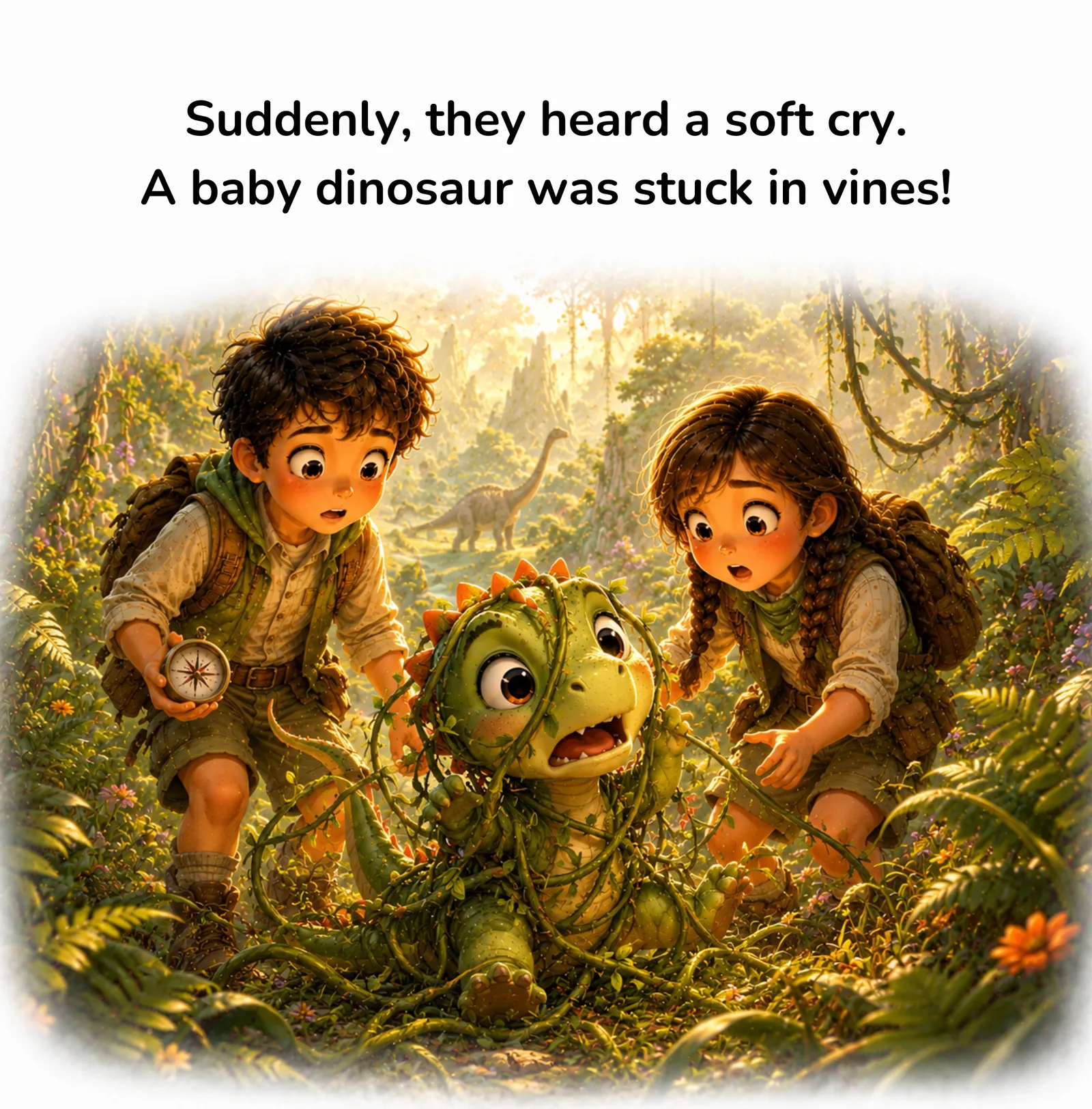 Max & Mia – Gute-Nacht-E-Book für Kinder 9 Max und Mia mit Baby-Dinosaurier in Ranken gefangen, leuchtende Fantasy-Urwald-Szene