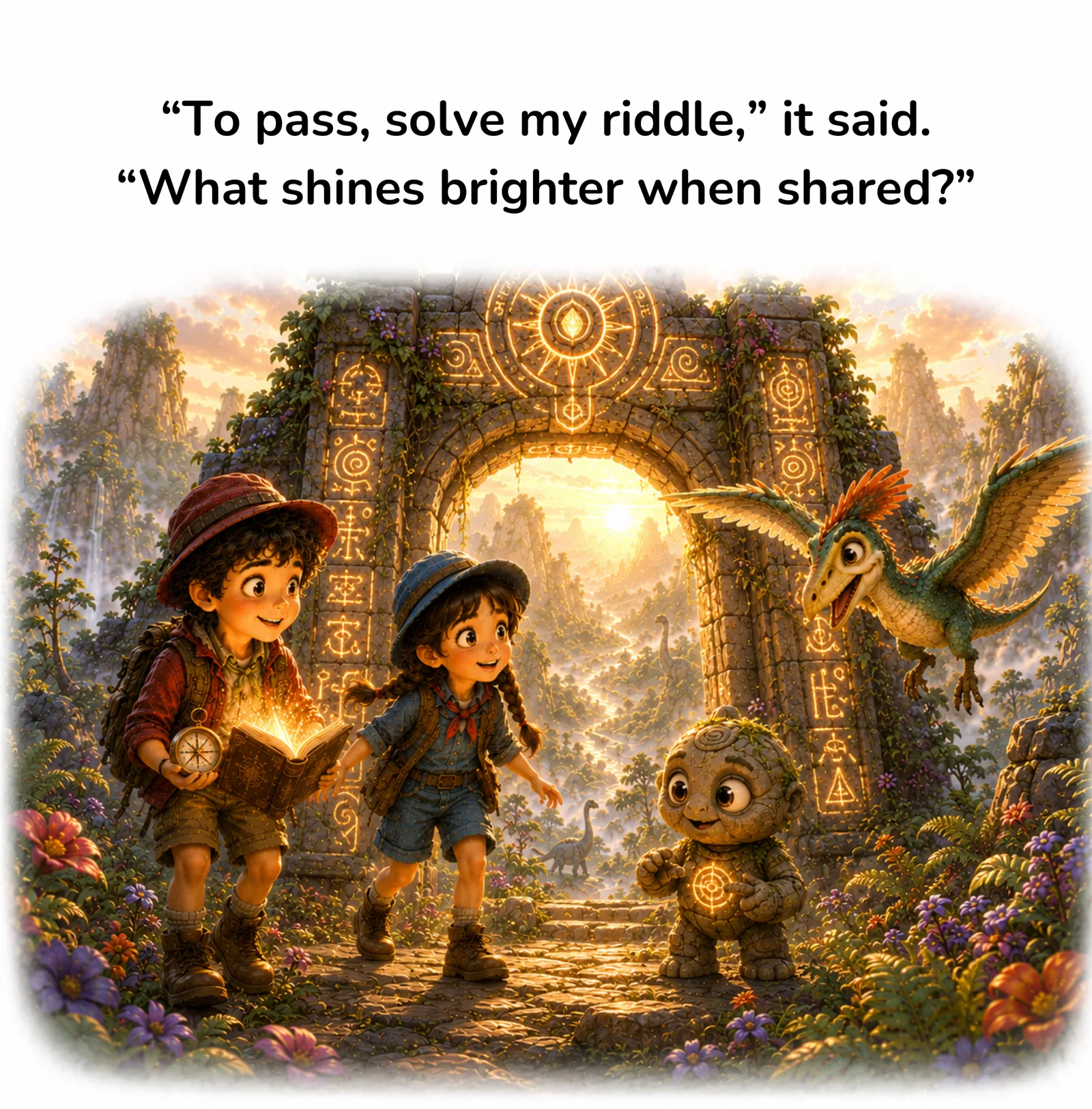 Max & Mia – Gute-Nacht-E-Book für Kinder 11 Max und Mia lösen Rätsel vor glühenden magischen Tor-Ruinen mit zwei Dinosauriern