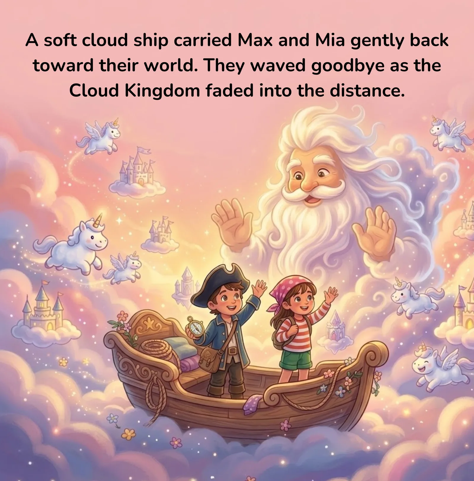 Illustrierte Szene: Max und Mia winken auf einem weichen Wolkenschiff, das sie aus dem Cloud Kingdom zurückträgt, während Ein