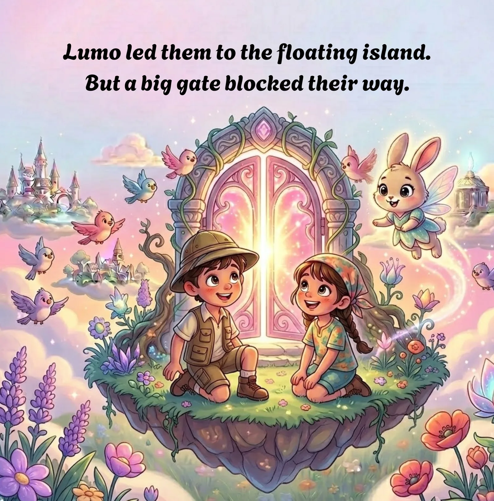 Illustrierte Szene: Max und Mia knien vor einem leuchtenden magischen Tor auf einer schwebenden Insel, umgeben von Blüten und