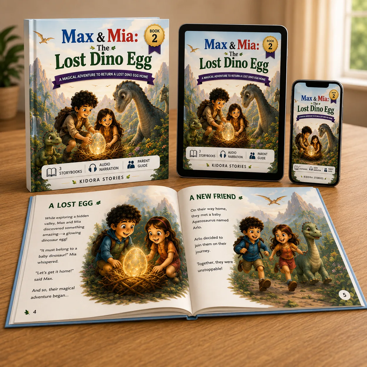 Max & Mia: The Lost Dino Egg Buchcover und Mockup auf verschiedenen Geräten mit offener Buchseite