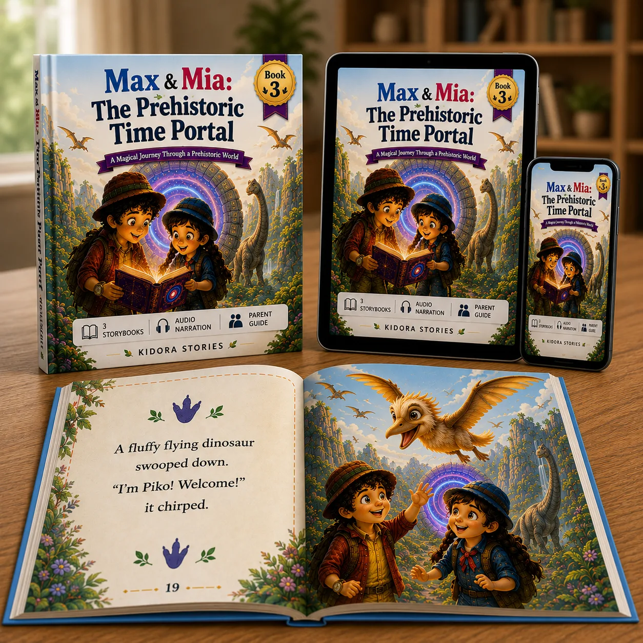 Max & Mia: The Prehistoric Time Portal Buchcover und Mockup mit Illustration von zwei Kindern und magischem Portal