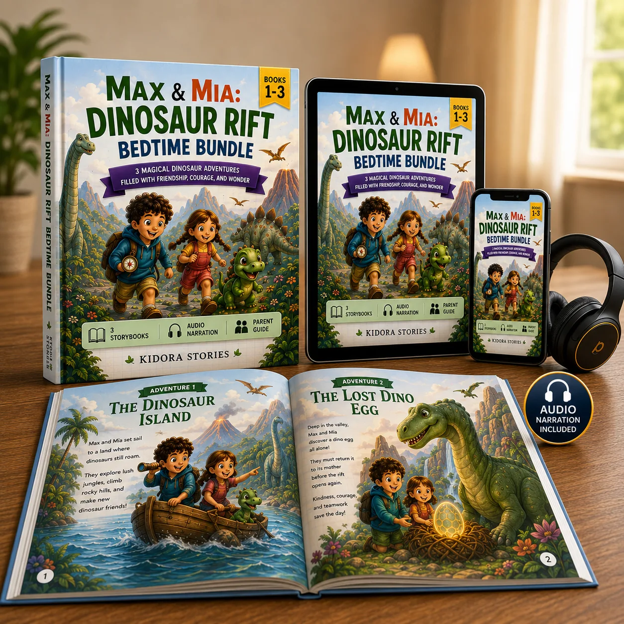 Max & Mia: Dinosaur Rift Bedtime Bundle Cover mit aufgeschlagenem Buch und Geräten