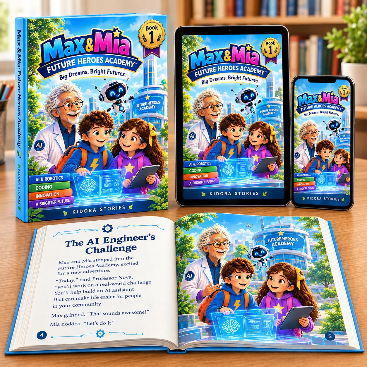 Max & Mia Future Heroes Academy Book 1 Cover mit Kindern und Roboter